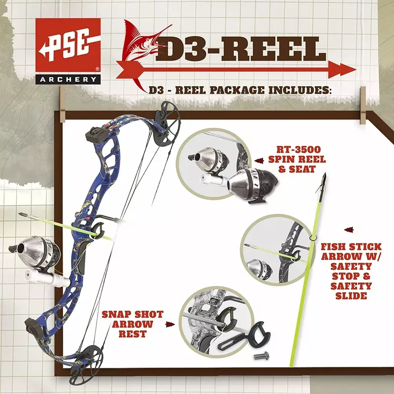 PSE Archery D3 Bowfishing Compound Bow Reel Package 40Lbs - Left Hand/Right Hand - Hunt Gear Supply
